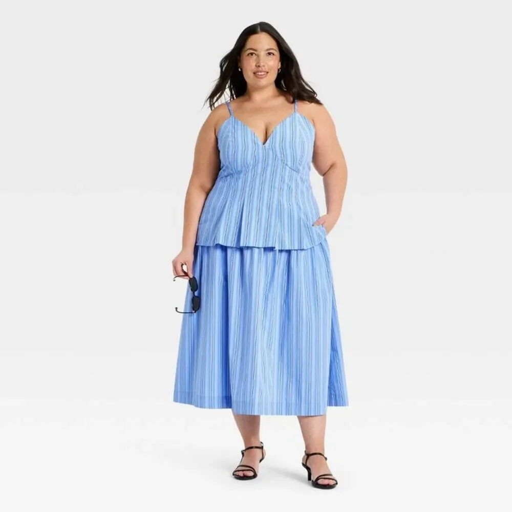 Women's Resort Poplin Drop Waist Midi Skirt - A New Day Blue Striped 1X